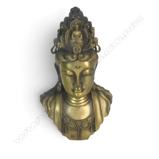 HEAVY GILDED BRONZE OF GUANYIN (BUDDHIST BODHISATTVA) WITH AN ORNATE CROWN INCLUDING A SMALL SEATED BUDDHA, 222 X 140MM