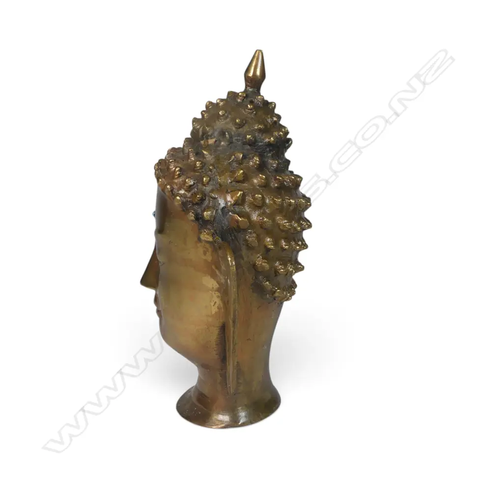 VINTAGE CAST BRASS BUDDHA HEAD WITH MEDITATIVE EXPRESSION, INSERT OF TURQUOISE URNA (THIRD EYE), 280 X 80MM Image 1++