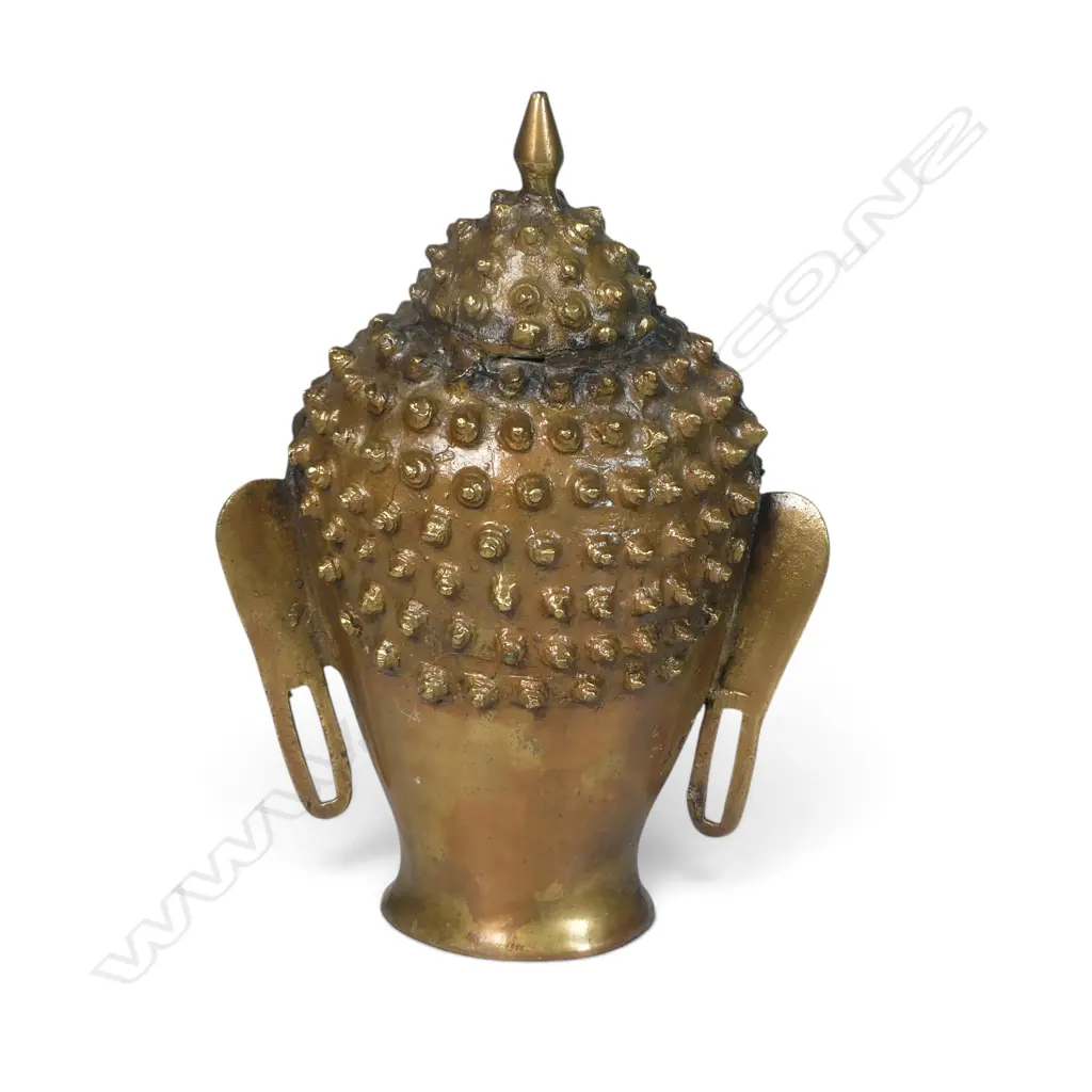 VINTAGE CAST BRASS BUDDHA HEAD WITH MEDITATIVE EXPRESSION, INSERT OF TURQUOISE URNA (THIRD EYE), 280 X 80MM Image 1++
