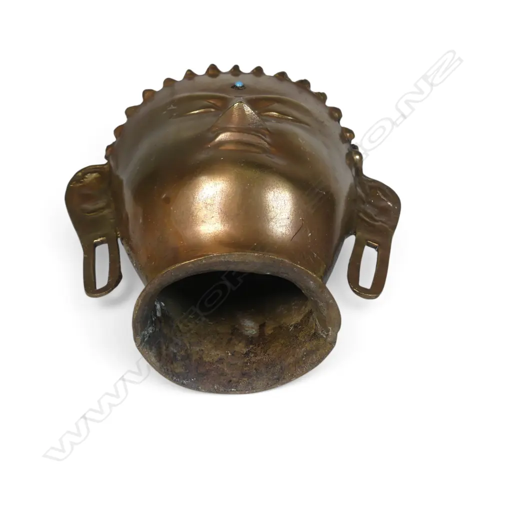 VINTAGE CAST BRASS BUDDHA HEAD WITH MEDITATIVE EXPRESSION, INSERT OF TURQUOISE URNA (THIRD EYE), 280 X 80MM Image 1++