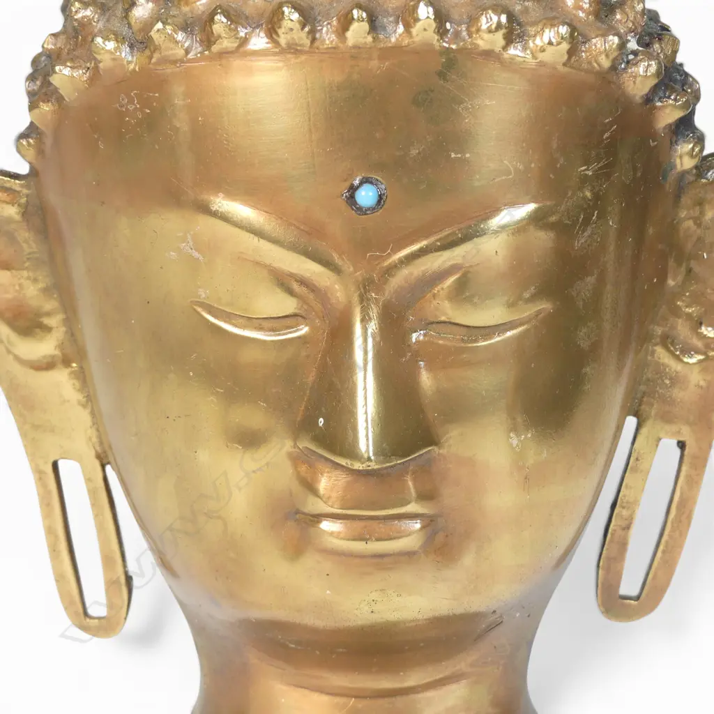 VINTAGE CAST BRASS BUDDHA HEAD WITH MEDITATIVE EXPRESSION, INSERT OF TURQUOISE URNA (THIRD EYE), 280 X 80MM Image 1++