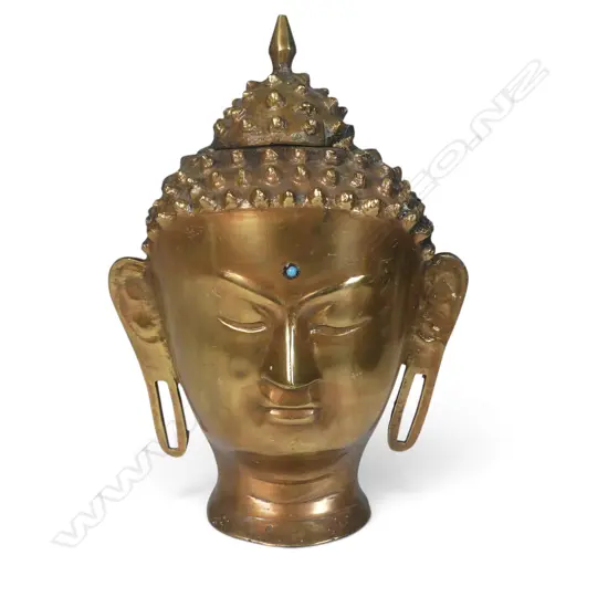 VINTAGE CAST BRASS BUDDHA HEAD WITH MEDITATIVE EXPRESSION, INSERT OF TURQUOISE URNA (THIRD EYE), 280 X 80MM