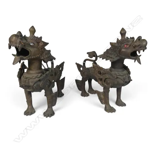 2 X TIBETAN ANTIQUE PATINATED BRONZE QILINS (SNOW LIONS GUARDIAN OF THE TEMPLE) W GLASS EYES, 250 X 210MM