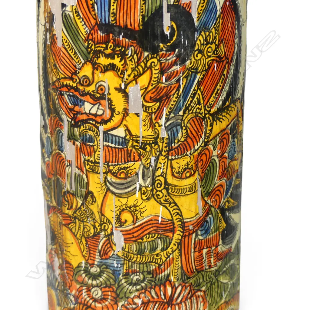 VINTAGE POLYCHROME BALINESE HAND PAINTED BAMBOO VASE FEATURING GARUDA, DELAMINATIONS, 222 X 70MM Image 1++