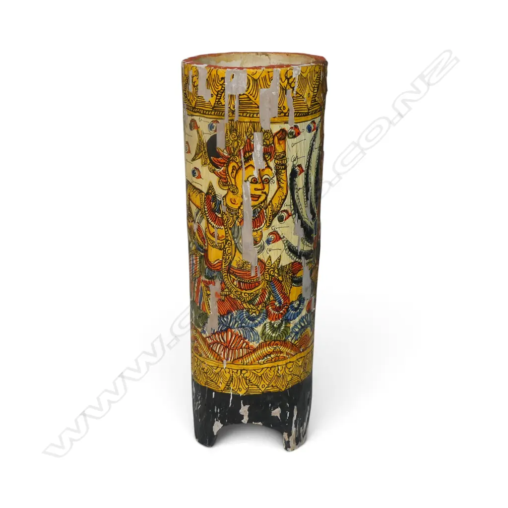 VINTAGE POLYCHROME BALINESE HAND PAINTED BAMBOO VASE FEATURING GARUDA, DELAMINATIONS, 222 X 70MM Image 1++