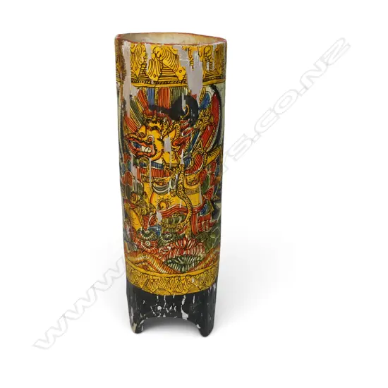 VINTAGE POLYCHROME BALINESE HAND PAINTED BAMBOO VASE FEATURING GARUDA, DELAMINATIONS, 222 X 70MM