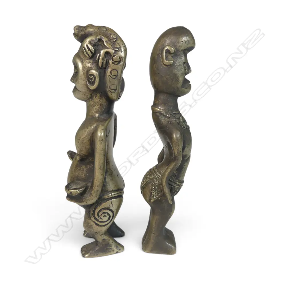 2 X SMALL AFRICAN CAST METAL FIGURINES MALE & FEMALE WITH A LIZARD ON HER HEAD, H.120MM Image 1++