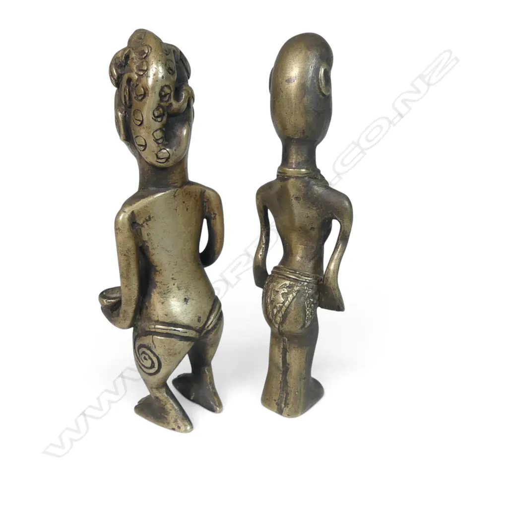 2 X SMALL AFRICAN CAST METAL FIGURINES MALE & FEMALE WITH A LIZARD ON HER HEAD, H.120MM Image 1++