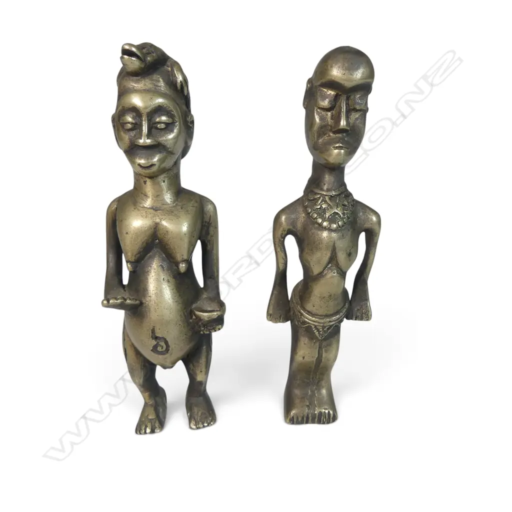 2 X SMALL AFRICAN CAST METAL FIGURINES MALE & FEMALE WITH A LIZARD ON HER HEAD, H.120MM Image 1++