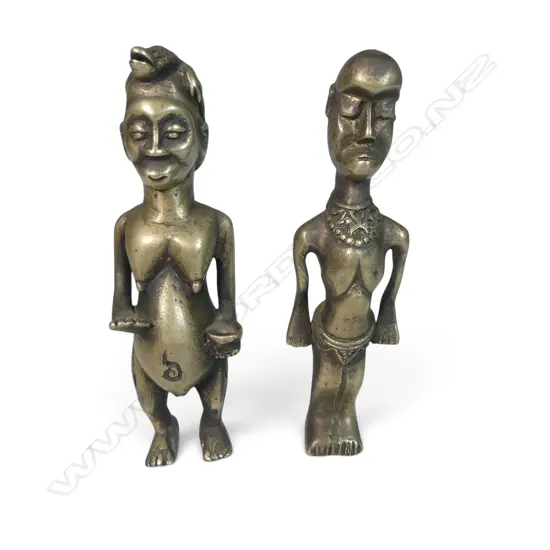 2 X SMALL AFRICAN CAST METAL FIGURINES MALE & FEMALE WITH A LIZARD ON HER HEAD, H.120MM
