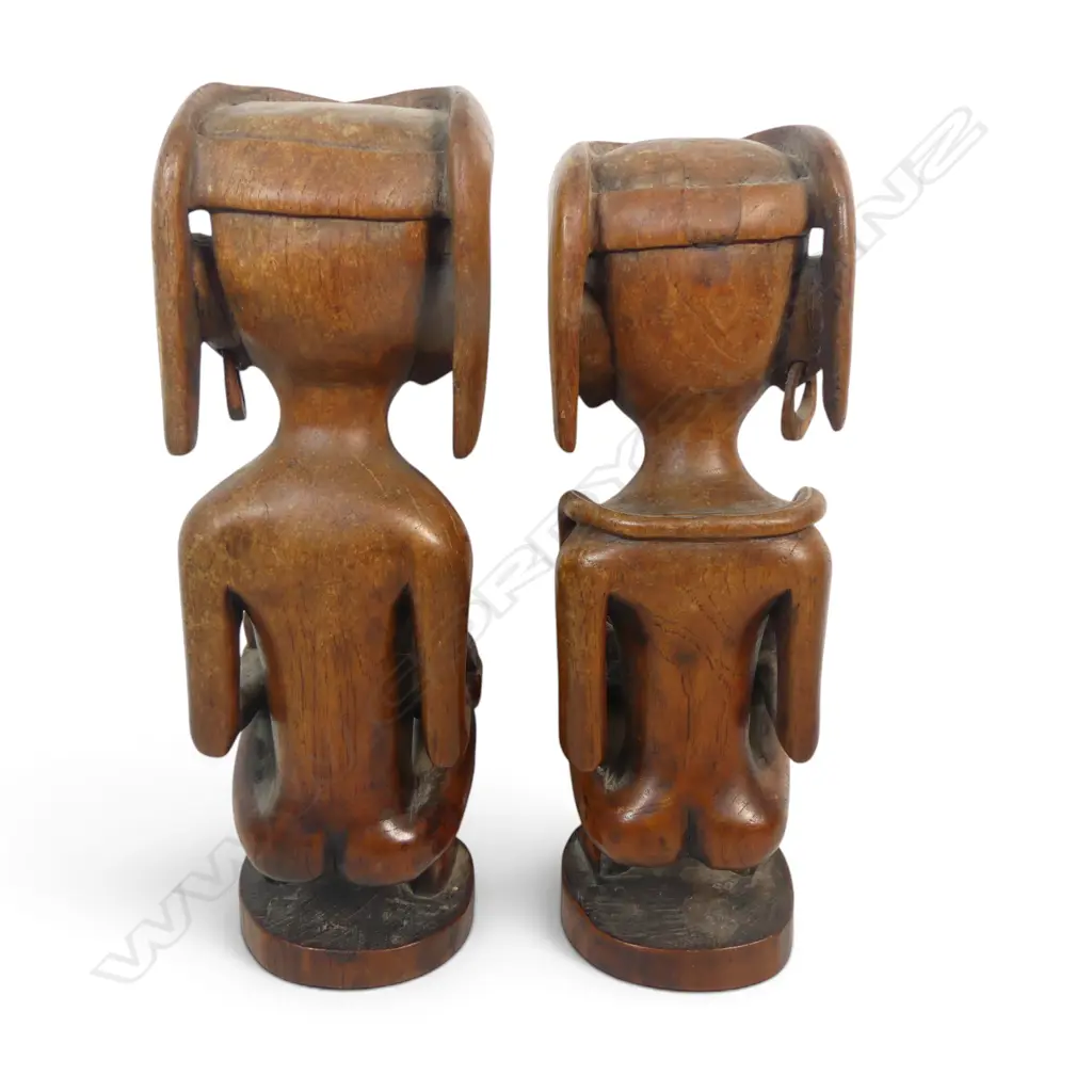 PAIR OF VINTAGE HAND CARVED NIAS PEOPLE MALE & FEMALE ANCESTOR FIGURES, SUMATRA, 320 X 120MM Image 1++
