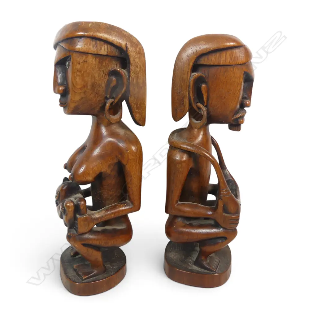 PAIR OF VINTAGE HAND CARVED NIAS PEOPLE MALE & FEMALE ANCESTOR FIGURES, SUMATRA, 320 X 120MM Image 1++
