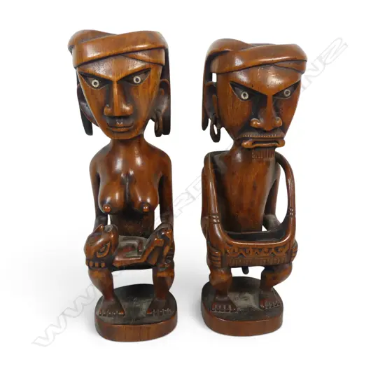 PAIR OF VINTAGE HAND CARVED NIAS PEOPLE MALE & FEMALE ANCESTOR FIGURES, SUMATRA, 320 X 120MM