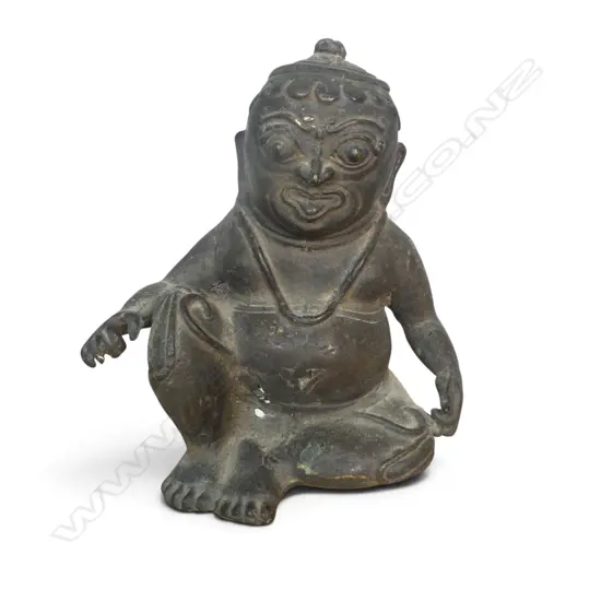 EXPRESSIVE ASIAN (HIMALAYAN?) METAL BRONZED FIGURINE OF A MYTHOLOGICAL GUARDIAN WITH PROMINENT EYES, H.180MM