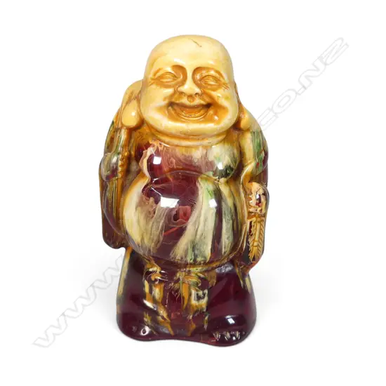 MULTI COLOURS RESINE FAUX AMBER FIGURINE OF HOTEI LAUGHING BUDDHA, 120 X 60MM