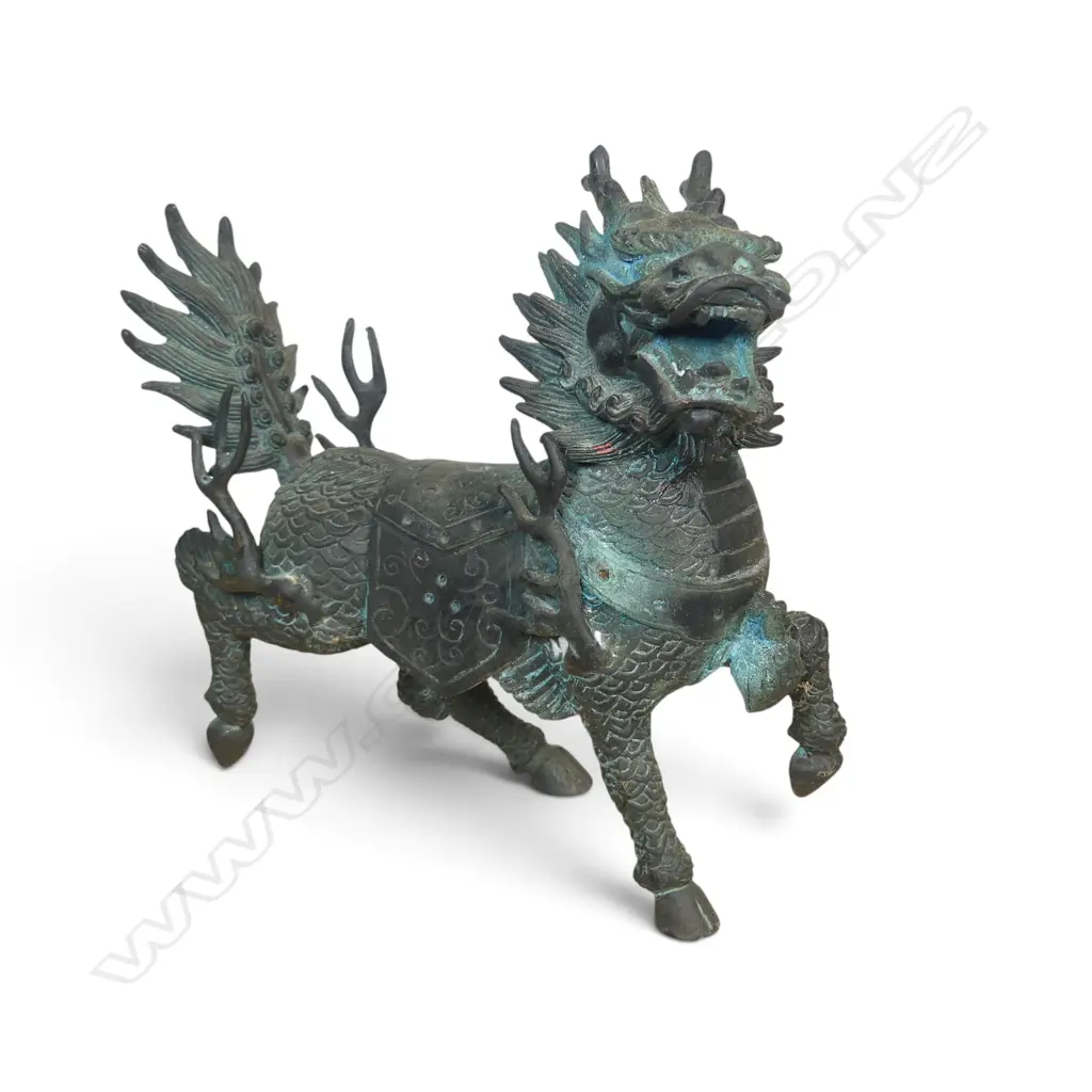 CAST BRONZE QILIN CHINESE CHIMERICAL CREATURE FOR PROTECTION & PROSPERITY, SOME OXIDATION, 150 X 150MM Image 1++