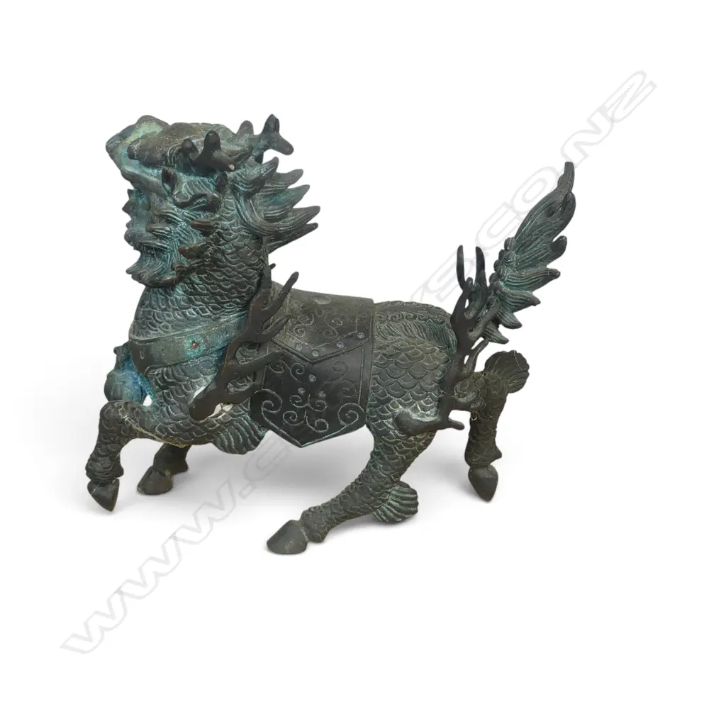 CAST BRONZE QILIN CHINESE CHIMERICAL CREATURE FOR PROTECTION & PROSPERITY, SOME OXIDATION, 150 X 150MM Image 1++