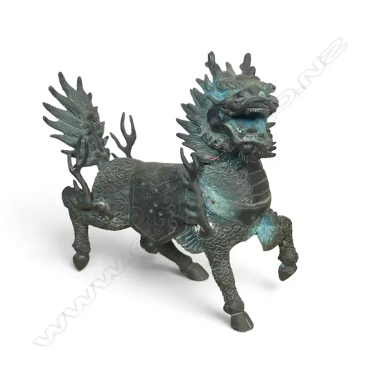 CAST BRONZE QILIN CHINESE CHIMERICAL CREATURE FOR PROTECTION & PROSPERITY, SOME OXIDATION, 150 X 150MM