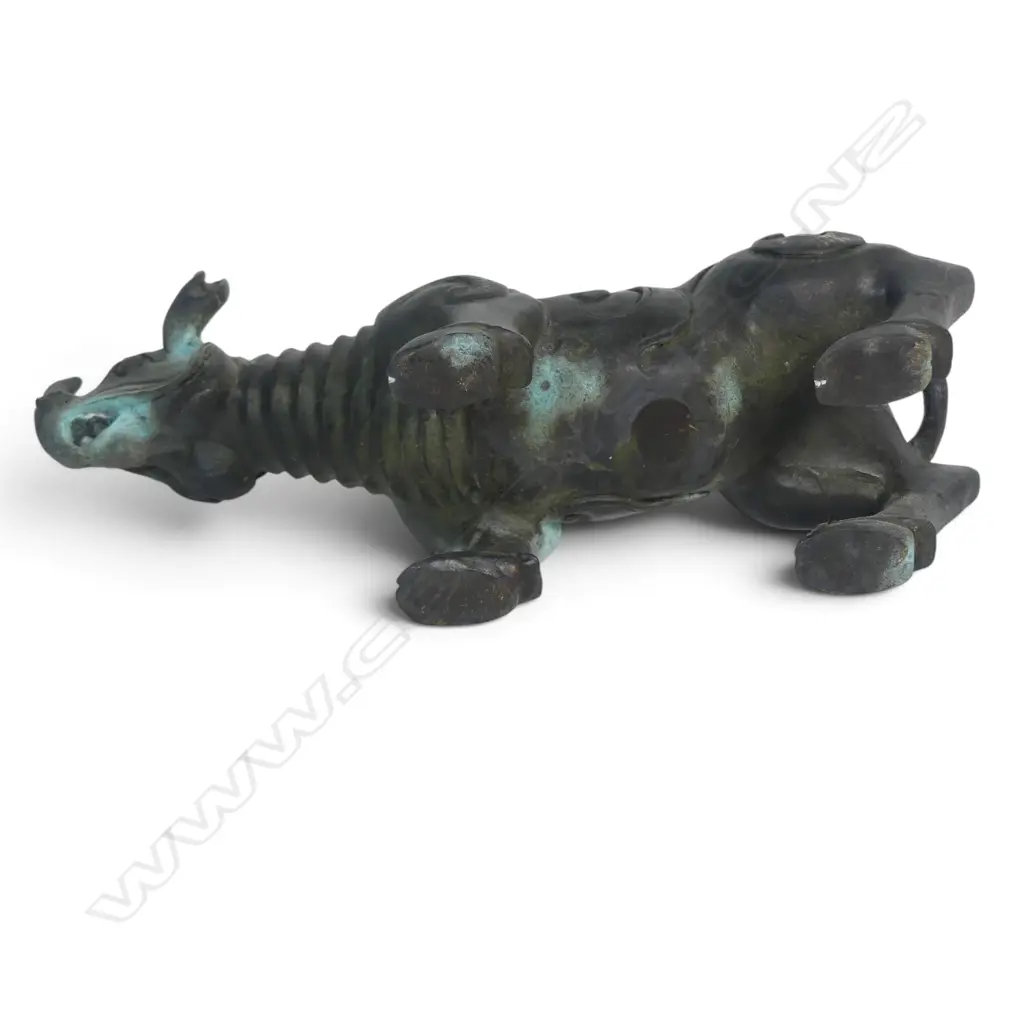 CHINESE ARCHAIC STYLE BRONZED XIZUN  MYTHICAL MULTI HORNED BEAST, VERDIGRIS SHOWING, 120 X 220MM Image 1++