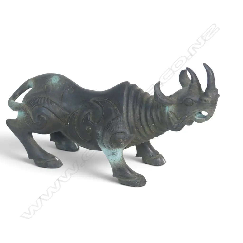 CHINESE ARCHAIC STYLE BRONZED XIZUN  MYTHICAL MULTI HORNED BEAST, VERDIGRIS SHOWING, 120 X 220MM Image 1++