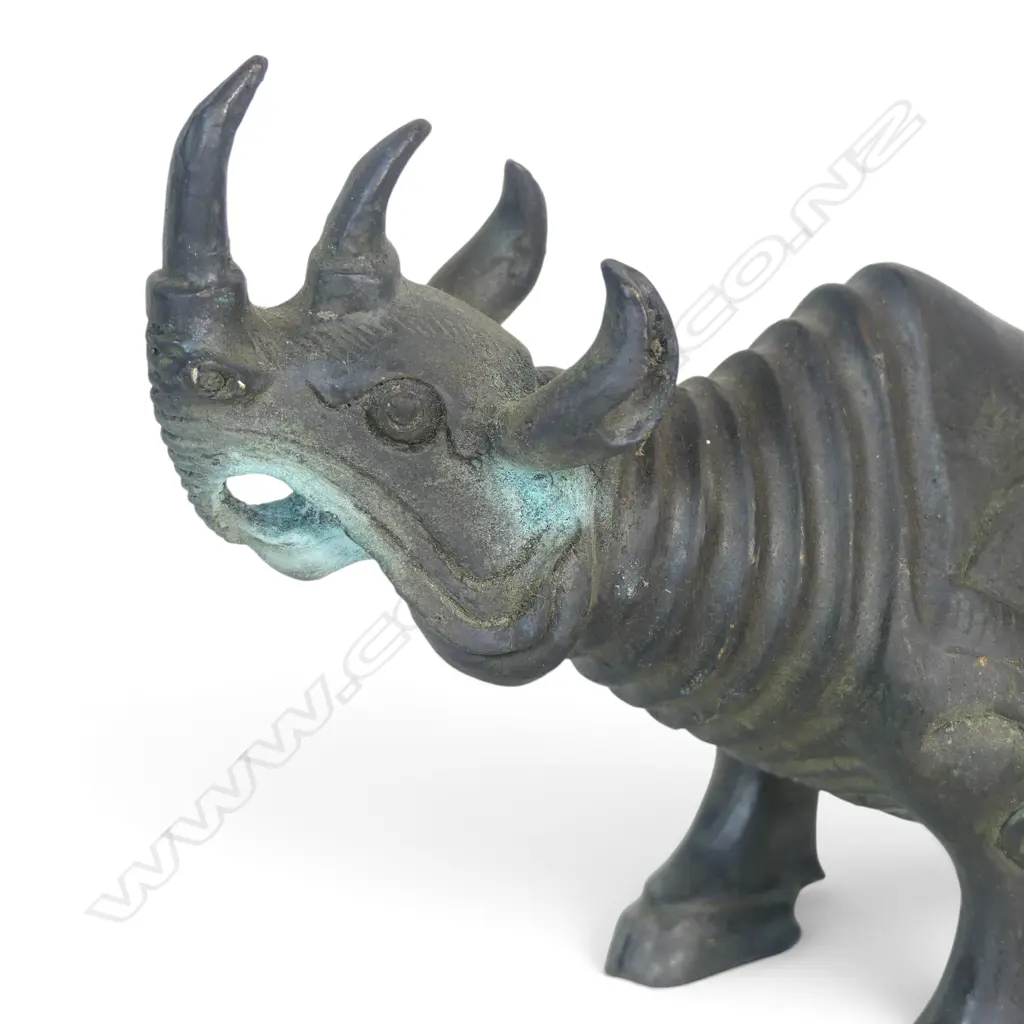 CHINESE ARCHAIC STYLE BRONZED XIZUN  MYTHICAL MULTI HORNED BEAST, VERDIGRIS SHOWING, 120 X 220MM Image 1++