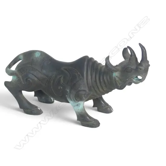 CHINESE ARCHAIC STYLE BRONZED XIZUN  MYTHICAL MULTI HORNED BEAST, VERDIGRIS SHOWING, 120 X 220MM