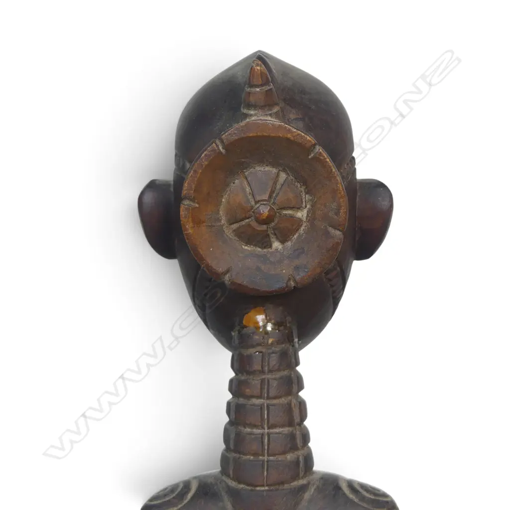 WEST AFRICAN WOODEN TRIBAL FIGURE WITH SIGNATURE OF THE ARTISAN UNDER, REPAIR TO THE HEAD, H.310MM Image 1++