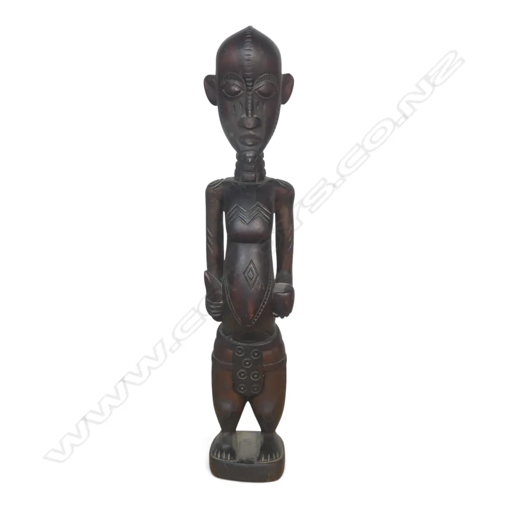 WEST AFRICAN WOODEN TRIBAL FIGURE WITH SIGNATURE OF THE ARTISAN UNDER, REPAIR TO THE HEAD, H.310MM Image 1++