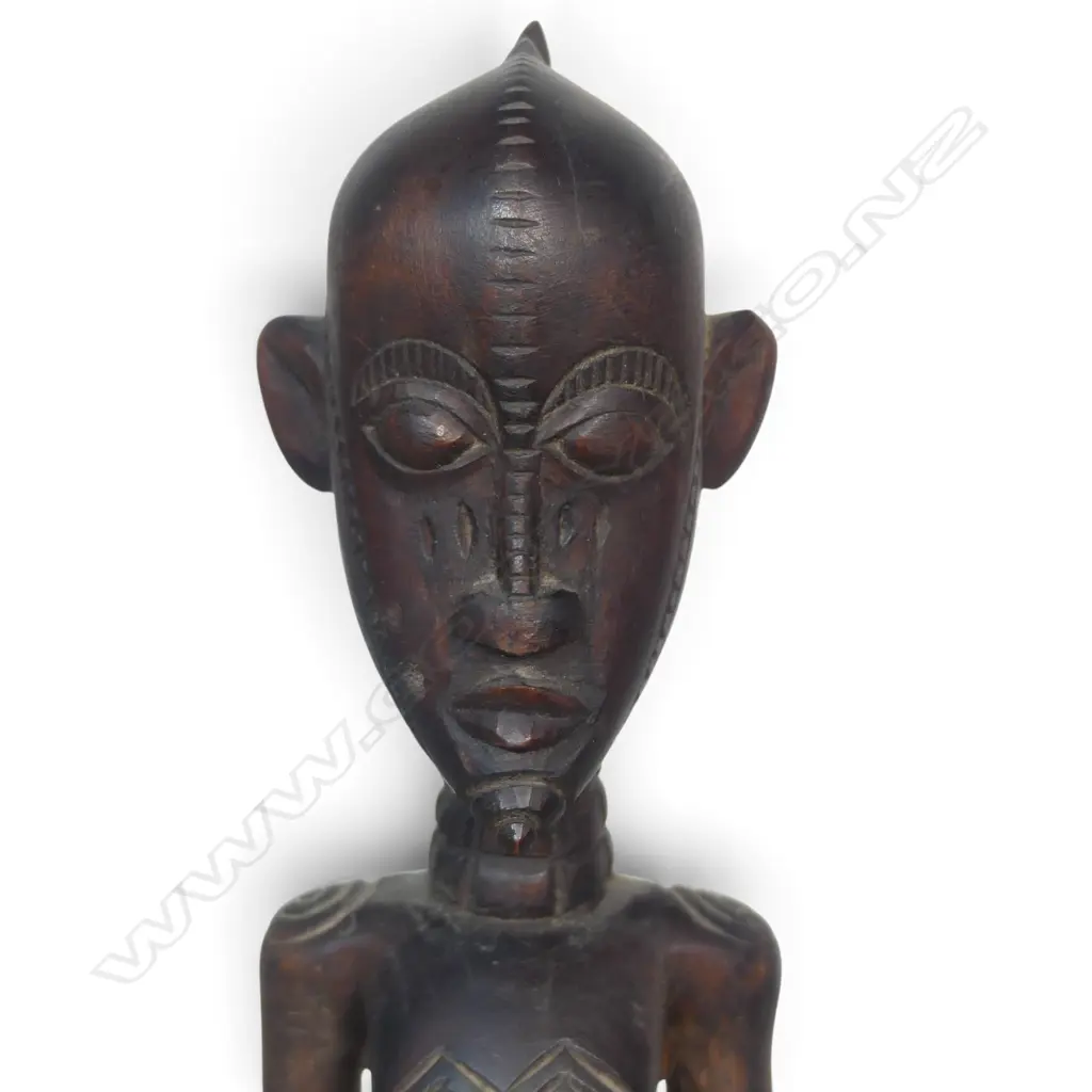 WEST AFRICAN WOODEN TRIBAL FIGURE WITH SIGNATURE OF THE ARTISAN UNDER, REPAIR TO THE HEAD, H.310MM Image 1++