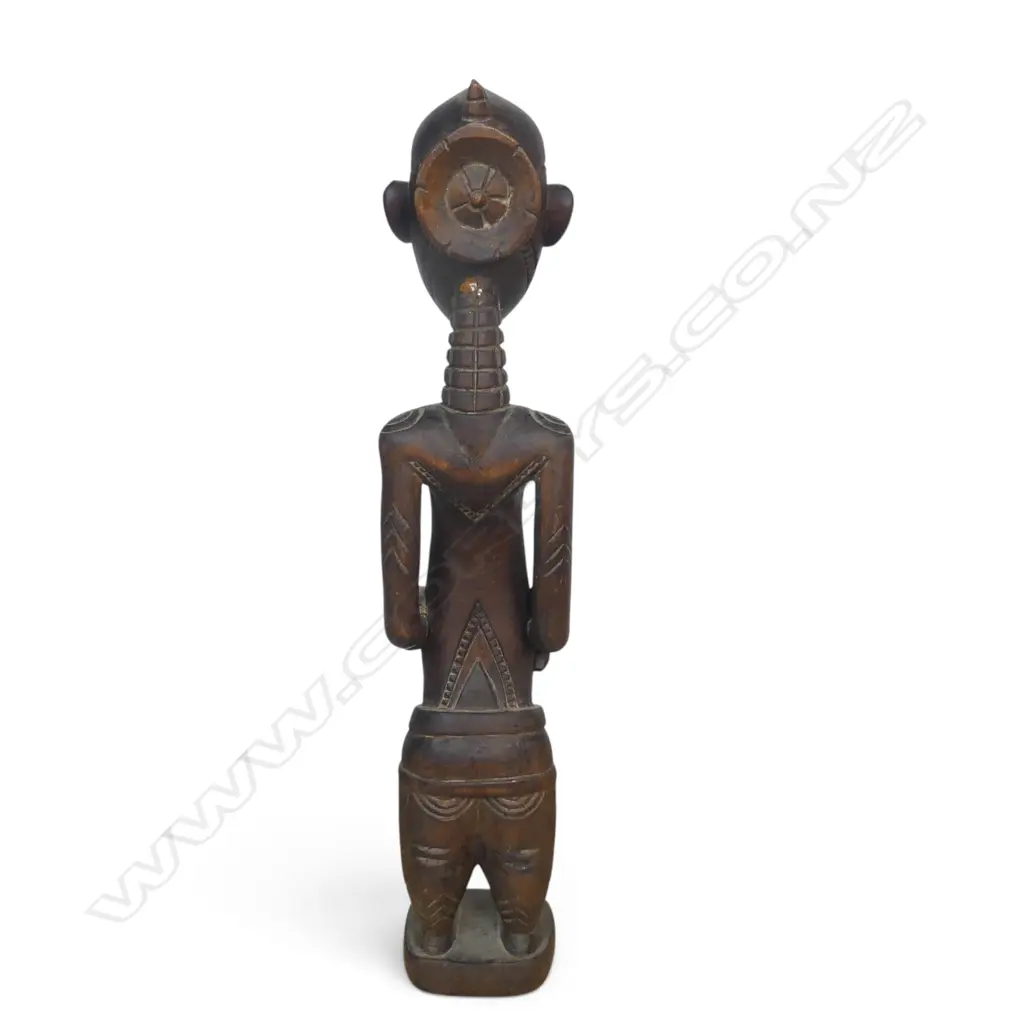 WEST AFRICAN WOODEN TRIBAL FIGURE WITH SIGNATURE OF THE ARTISAN UNDER, REPAIR TO THE HEAD, H.310MM Image 1++