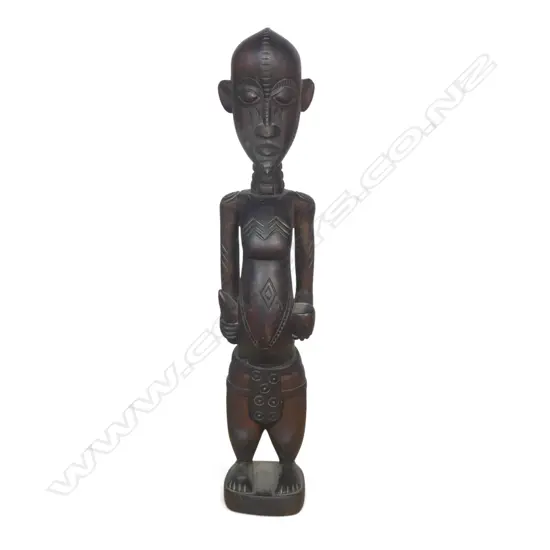WEST AFRICAN WOODEN TRIBAL FIGURE WITH SIGNATURE OF THE ARTISAN UNDER, REPAIR TO THE HEAD, H.310MM