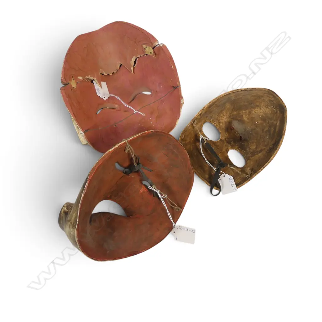 3 X TRADITIONAL INDONESIAN MONKEY & DEMON MASKS FOR THEATRICAL PERFORMANCES. LGST H.210MM Image 1++
