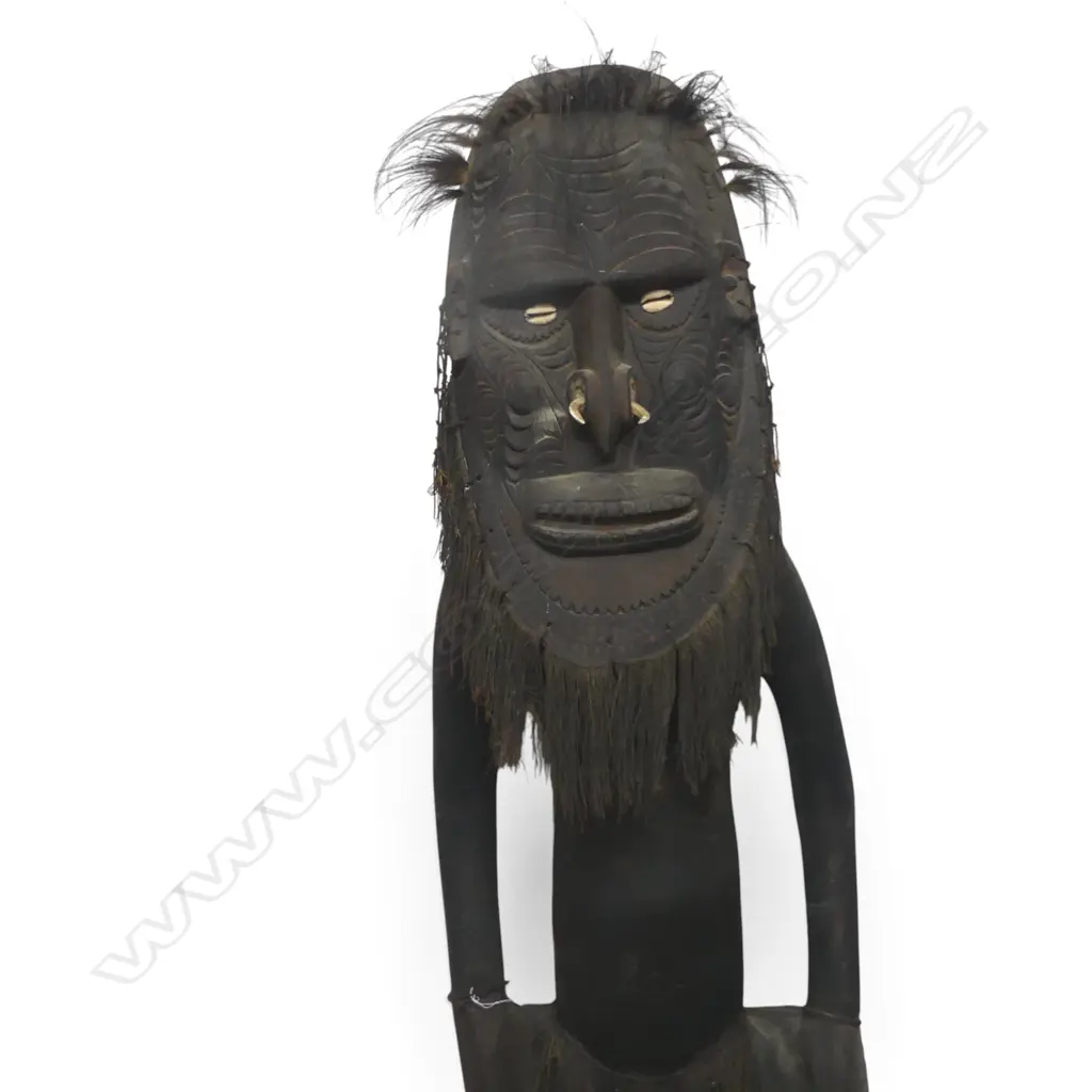 IMPRESSIVE PAINTED PNG  HAND CARVED WOODEN SCULPTURE OF AN ORATOR FIGURE, SHELLS &  TUSK,CRACK ON LEFT SIDE,2400 X 600MM Image 1++