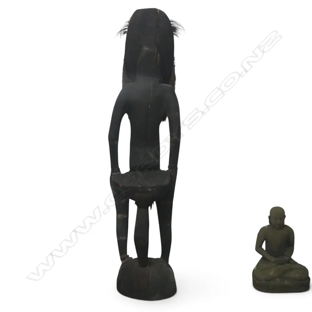 IMPRESSIVE PAINTED PNG  HAND CARVED WOODEN SCULPTURE OF AN ORATOR FIGURE, SHELLS &  TUSK,CRACK ON LEFT SIDE,2400 X 600MM Image 1++