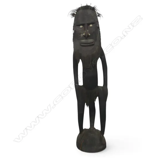 IMPRESSIVE PAINTED PNG  HAND CARVED WOODEN SCULPTURE OF AN ORATOR FIGURE, SHELLS &  TUSK,CRACK ON LEFT SIDE,2400 X 600MM