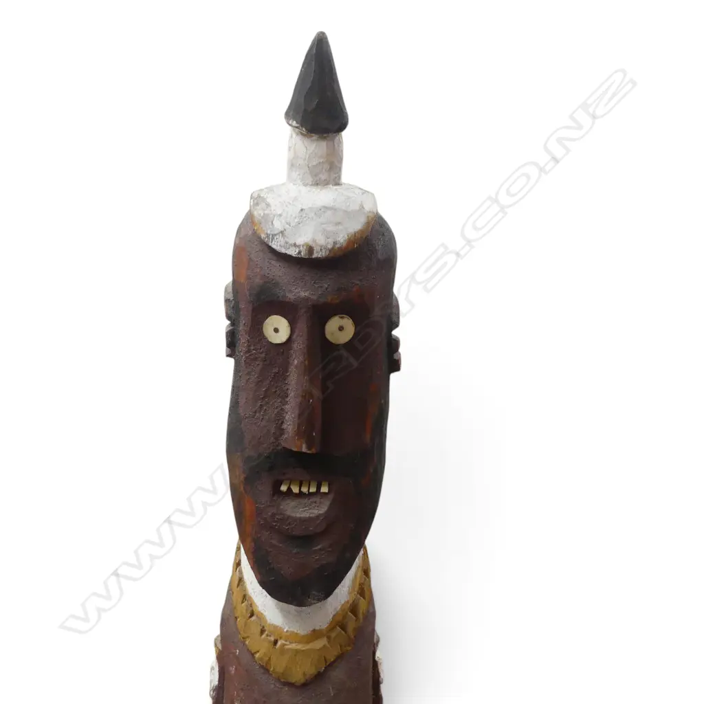 HAND CARVED POLYCHROME WOODEN MALE ANCESTOR FIGURE WITH INLAID DETAILS & PUBIC HAIRS. H.800MM DIA 130MM. Image 1++