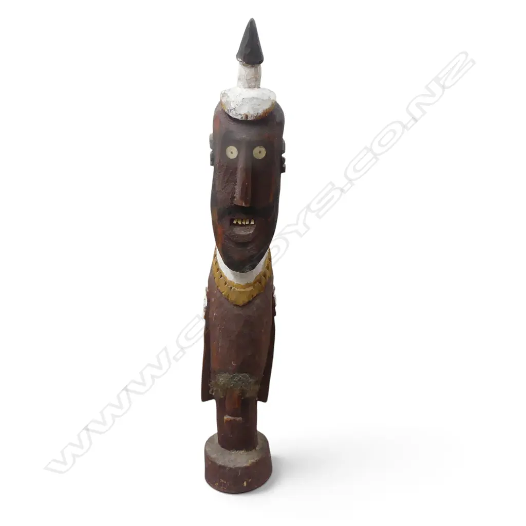 HAND CARVED POLYCHROME WOODEN MALE ANCESTOR FIGURE WITH INLAID DETAILS & PUBIC HAIRS. H.800MM DIA 130MM. Image 1++