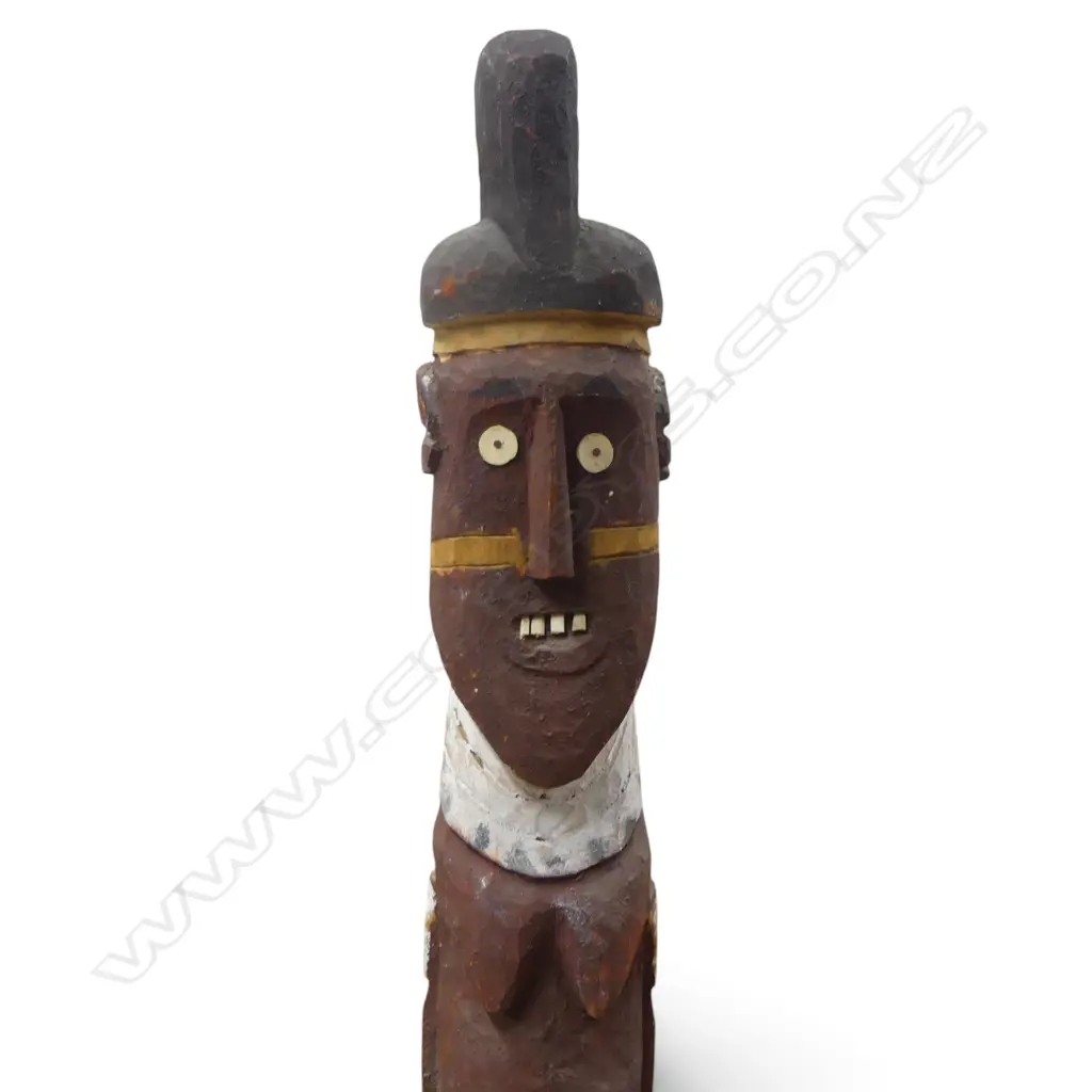 HAND CARVED POLYCHROME WOODEN FEMALE ANCESTOR FIGURE WITH INLAID DETAILS. H.800MM DIA 130MM. Image 1++