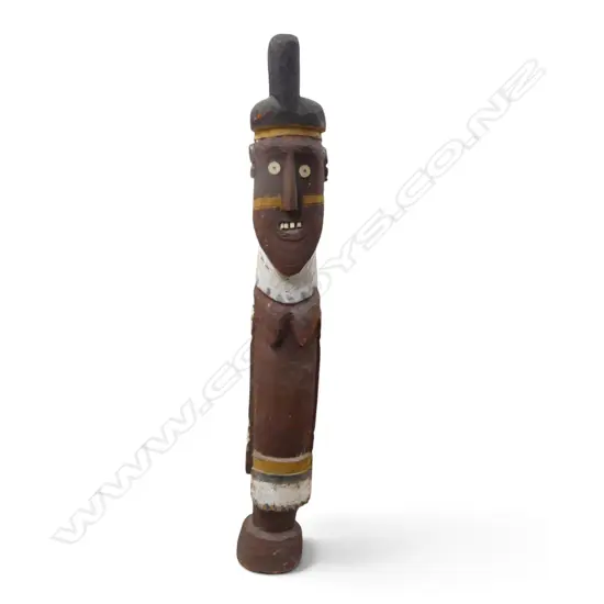 HAND CARVED POLYCHROME WOODEN FEMALE ANCESTOR FIGURE WITH INLAID DETAILS. H.800MM DIA 130MM.