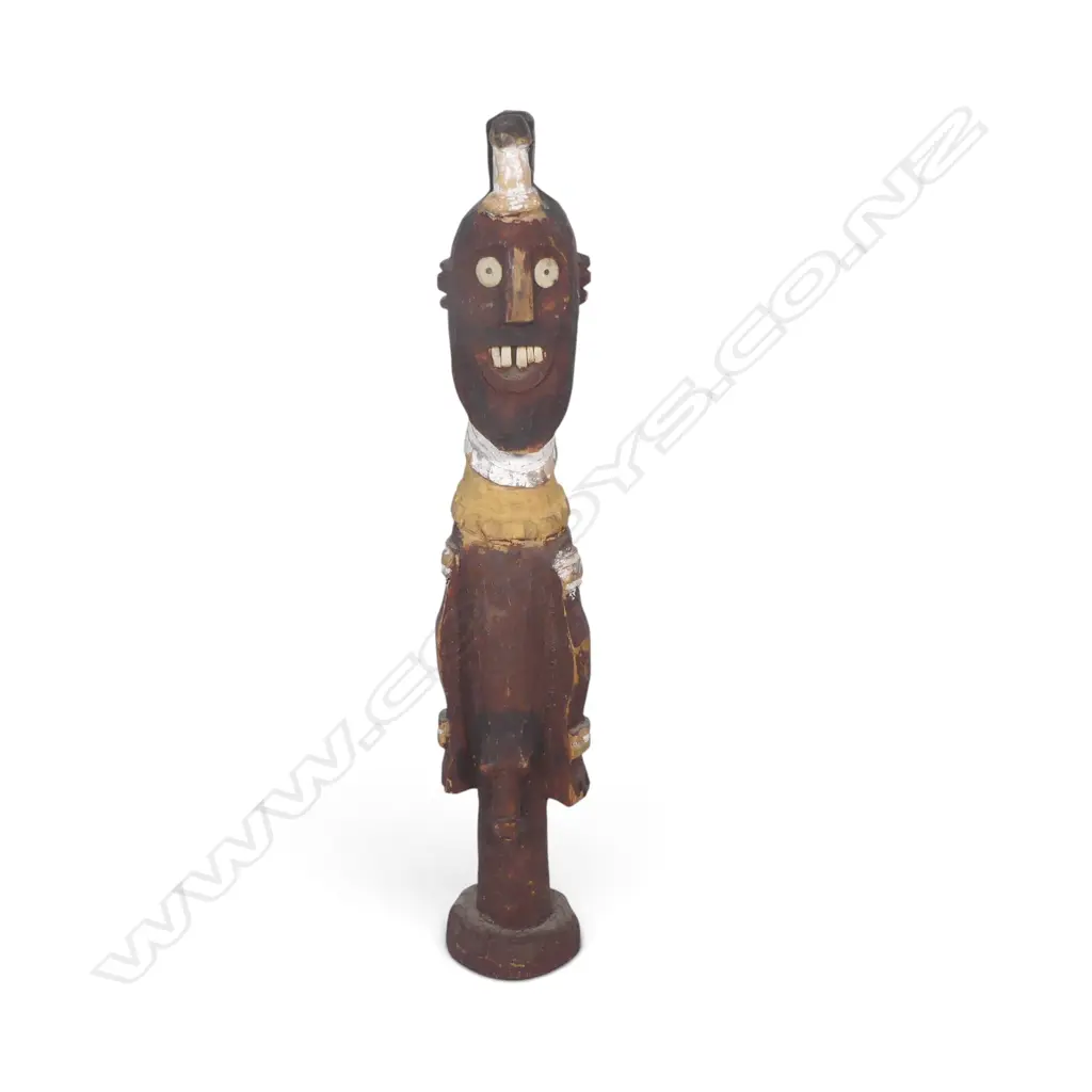 HAND CARVED POLYCHROME WOODEN MALE ANCESTOR FIGURE WITH INLAID DETAILS. H.500MM DIA 9MM. Image 1++