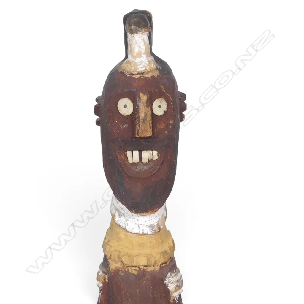HAND CARVED POLYCHROME WOODEN MALE ANCESTOR FIGURE WITH INLAID DETAILS. H.500MM DIA 9MM. Image 1++