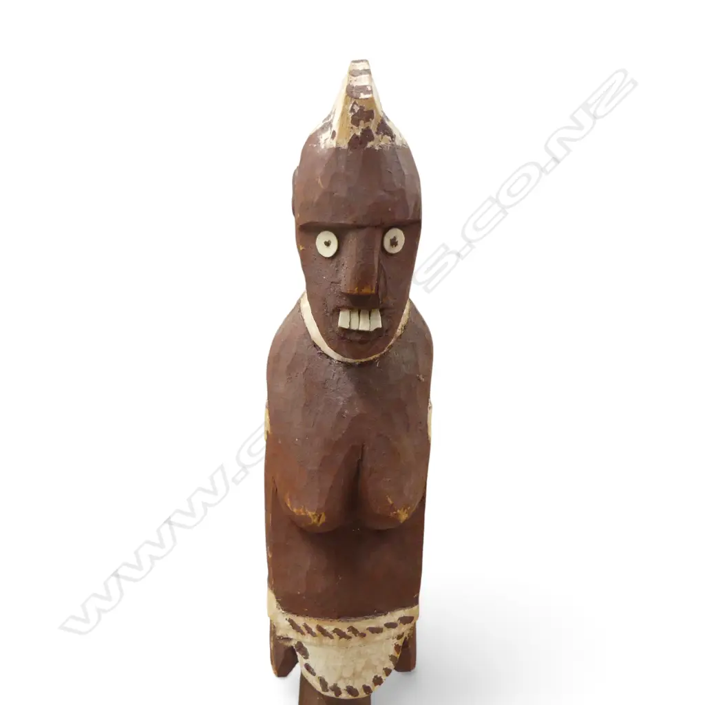 HAND CARVED POLYCHROME WOODEN FEMALE ANCESTOR FIGURE WITH INLAID DETAILS. H.600MM DIA 75MM. Image 1++
