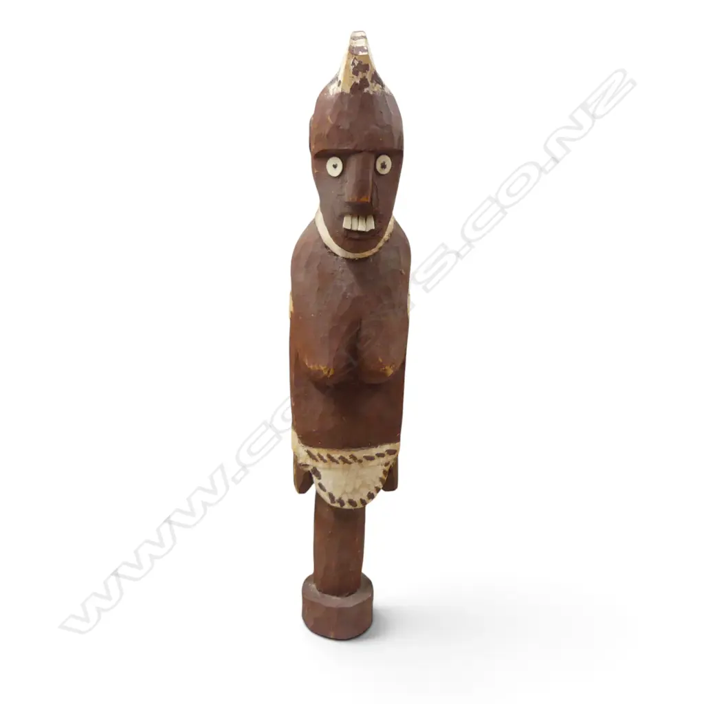 HAND CARVED POLYCHROME WOODEN FEMALE ANCESTOR FIGURE WITH INLAID DETAILS. H.600MM DIA 75MM. Image 1++