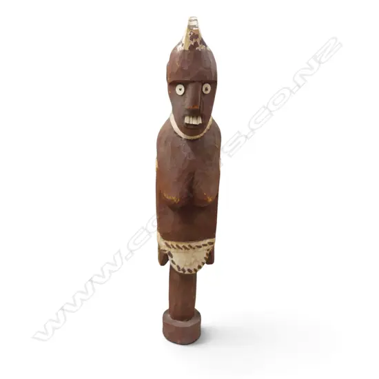HAND CARVED POLYCHROME WOODEN FEMALE ANCESTOR FIGURE WITH INLAID DETAILS. H.600MM DIA 75MM.
