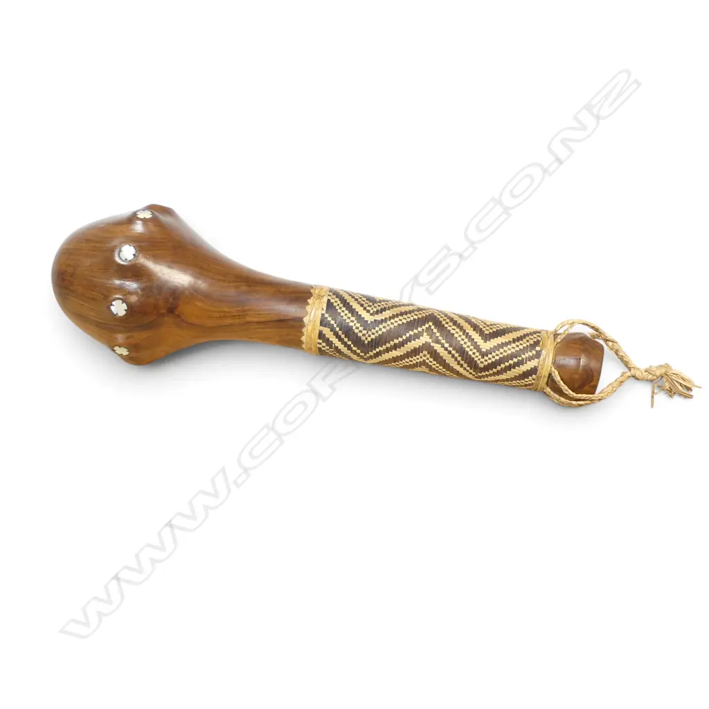 IMPRESSIVE MELANESIAN  CARVED WOODEN THROWING CLUB WITH MOP INLAYS, L.460MM Image 1++