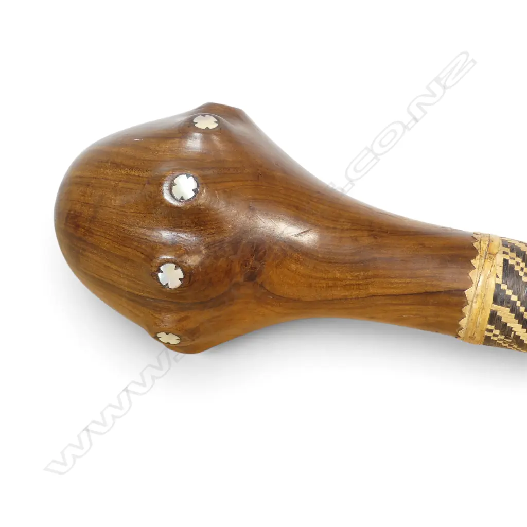 IMPRESSIVE MELANESIAN  CARVED WOODEN THROWING CLUB WITH MOP INLAYS, L.460MM Image 1++