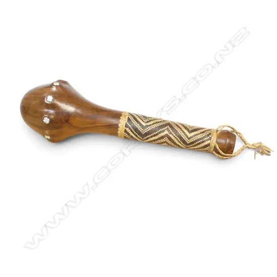 IMPRESSIVE MELANESIAN  CARVED WOODEN THROWING CLUB WITH MOP INLAYS, L.460MM
