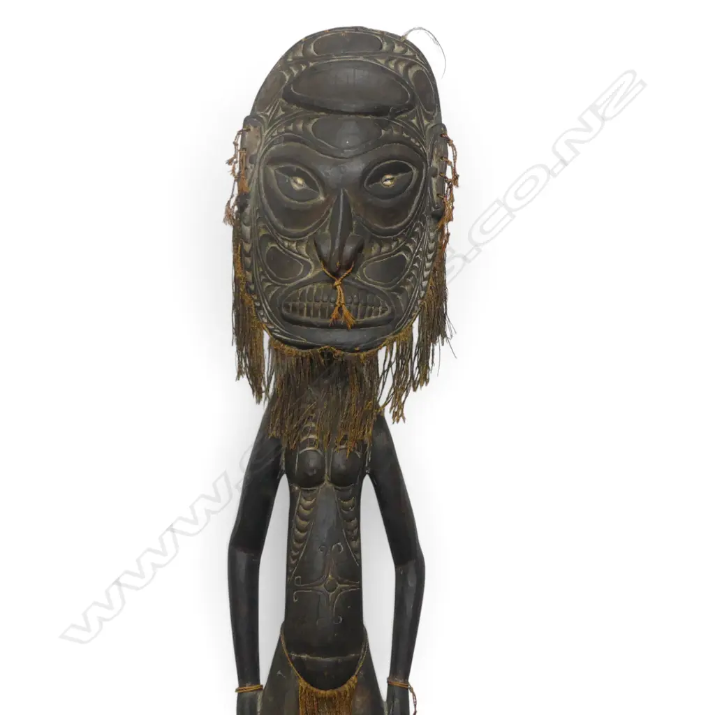 PNG PAINTED  HAND CARVED WOODEN SCULPTURE OF AN ANCESTOR, NATURAL FIBER BEARD, PREVIOUS REPAIR TO HEAD, 1600 X 350MM Image 1++