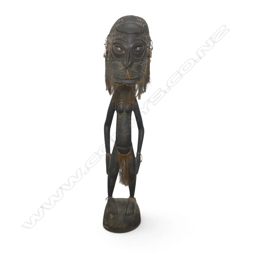 PNG PAINTED  HAND CARVED WOODEN SCULPTURE OF AN ANCESTOR, NATURAL FIBER BEARD, PREVIOUS REPAIR TO HEAD, 1600 X 350MM Image 1++