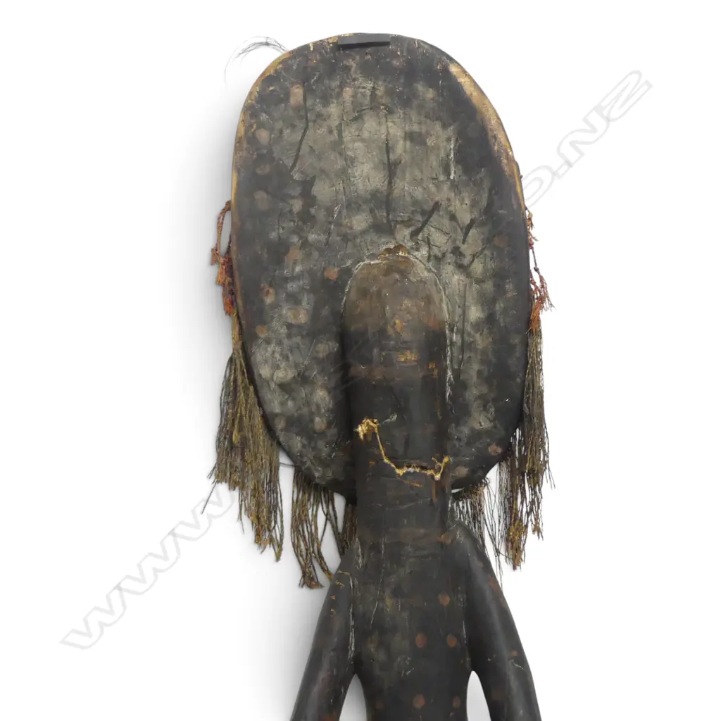 PNG PAINTED  HAND CARVED WOODEN SCULPTURE OF AN ANCESTOR, NATURAL FIBER BEARD, PREVIOUS REPAIR TO HEAD, 1600 X 350MM Image 1++